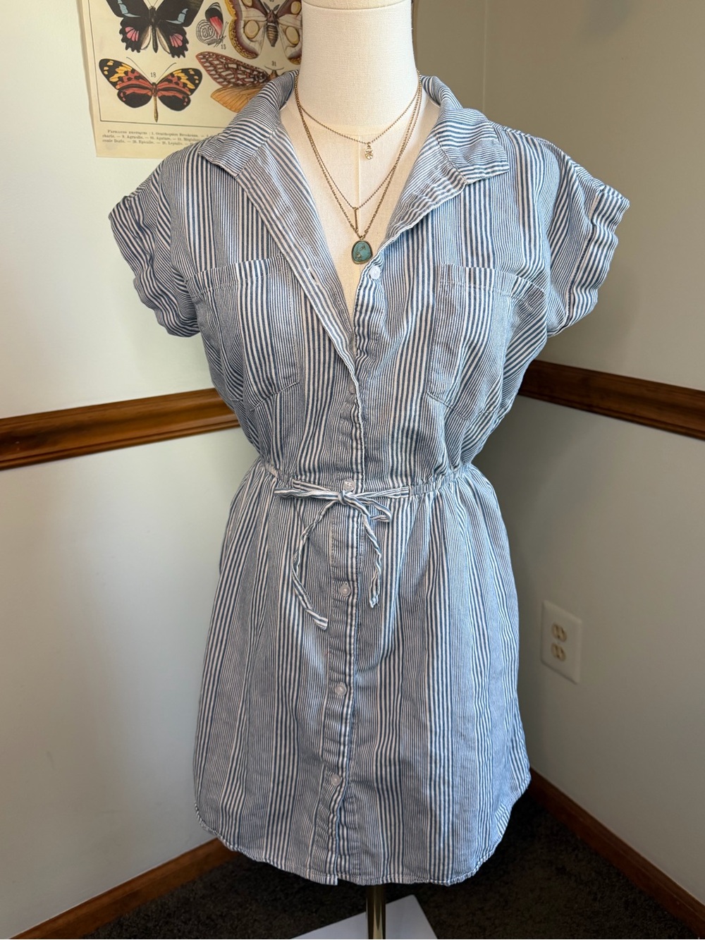 Blue and White Striped Mini Shirt Dress